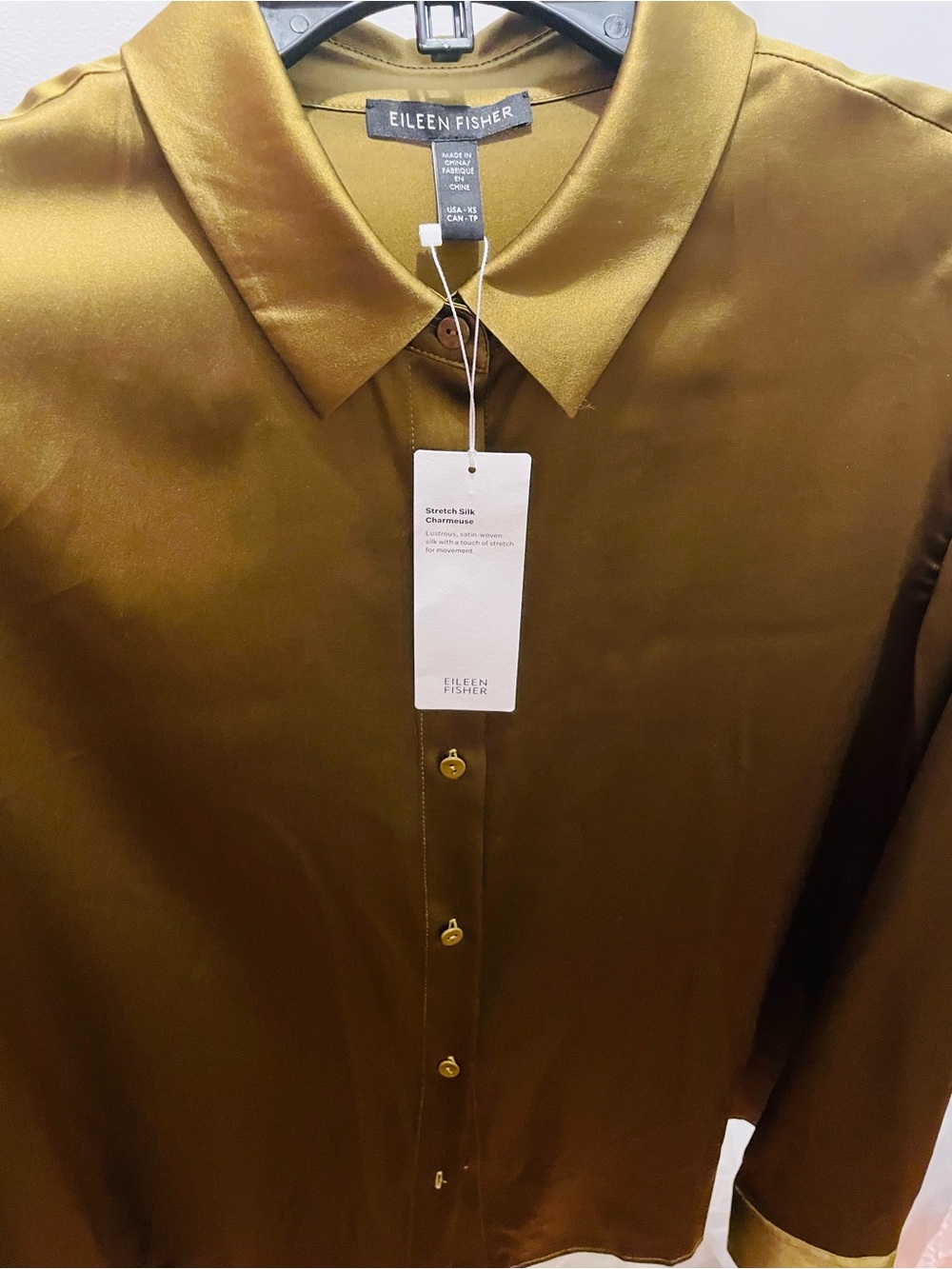 EILLEN FISHER GOLD LEAF color  Silk Charmeuse Shirt Size XS. NWT - Picture 4 of 5